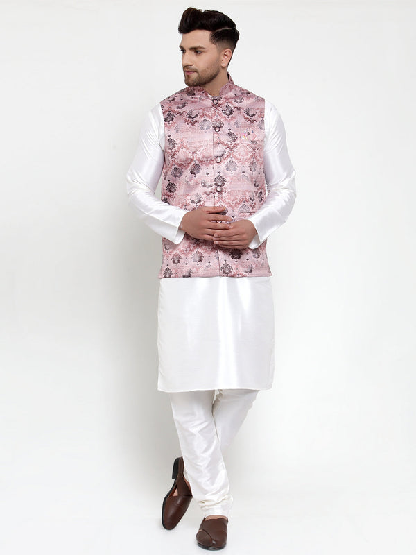 Jashvi Men's Solid Dupion Kurta Pajama with Printed Nehru Jacket