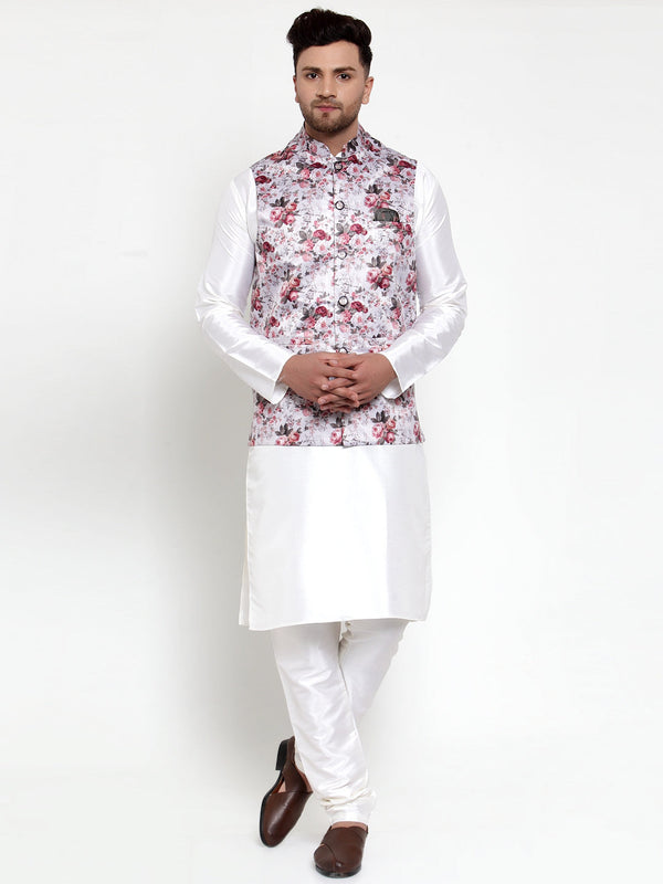 Jashvi Men's Solid Dupion Kurta Pajama with Printed Nehru Jacket