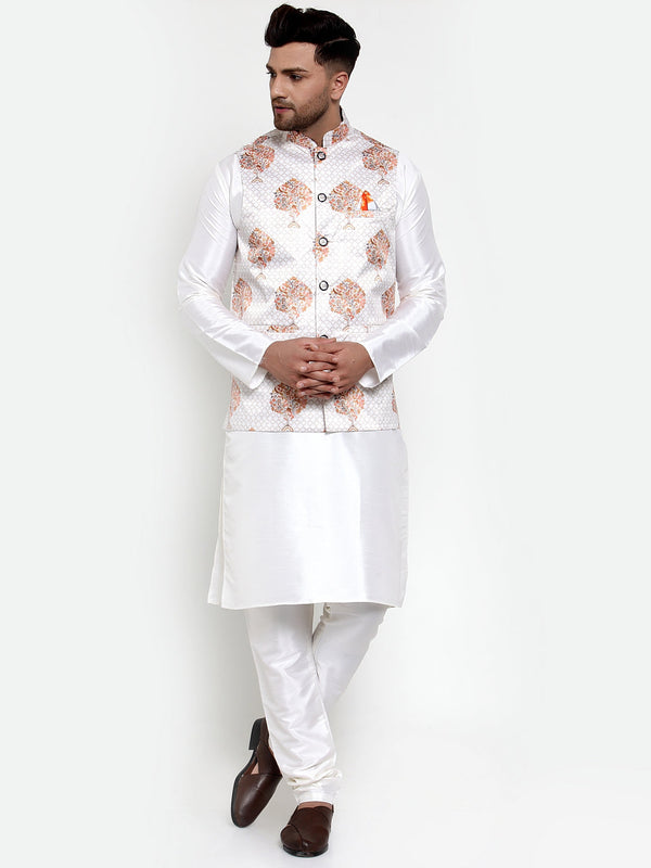 Jashvi Men's Solid Dupion Kurta Pajama with Printed Nehru Jacket