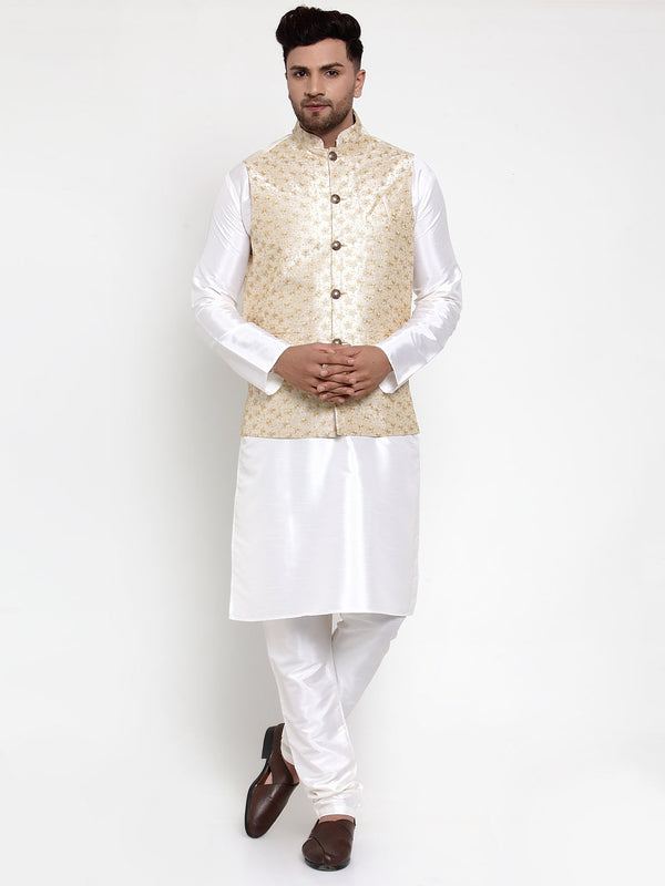 Jashvi Men's Solid Dupion Kurta Pajama with Embroidered Nehru Jacket