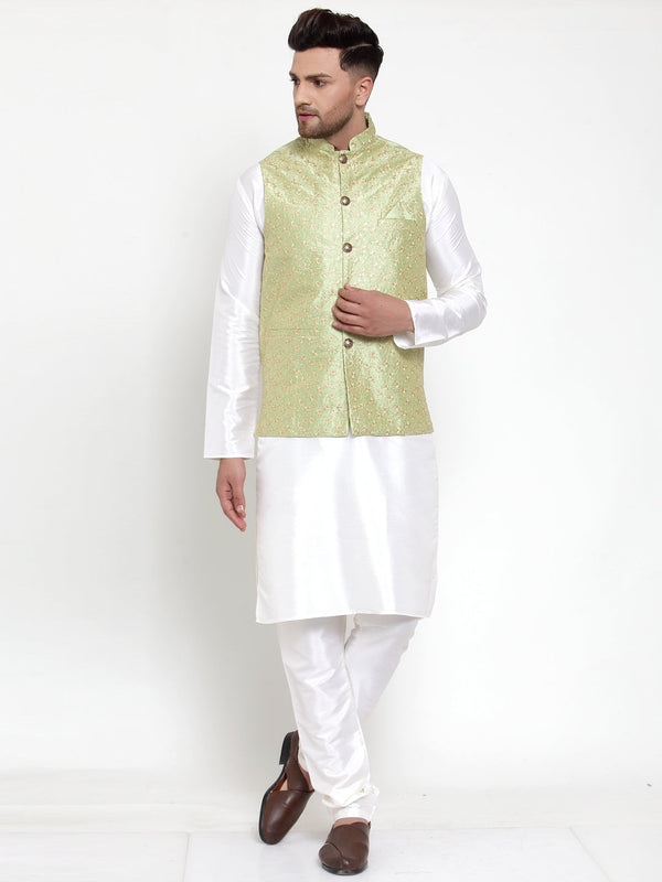 Men's Solid Dupion Kurta Pajama with Embroidered Nehru Jacket ( JOKPWC OW-D 4015Green ) - Virat Fashions