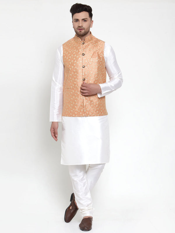 Men's Solid Dupion Kurta Pajama with Embroidered Nehru Jacket ( JOKPWC OW-D 4015Peach ) - Virat Fashions