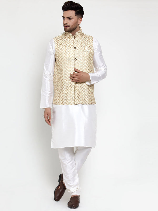 Jashvi Men's Solid Dupion Kurta Pajama with Embroidered Nehru Jacket