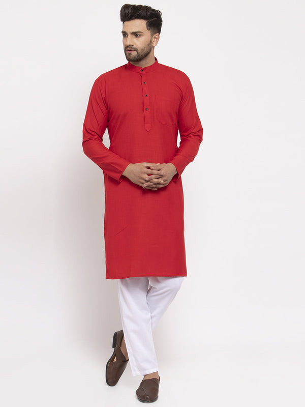 Men Red & White Solid Kurta with Churidar