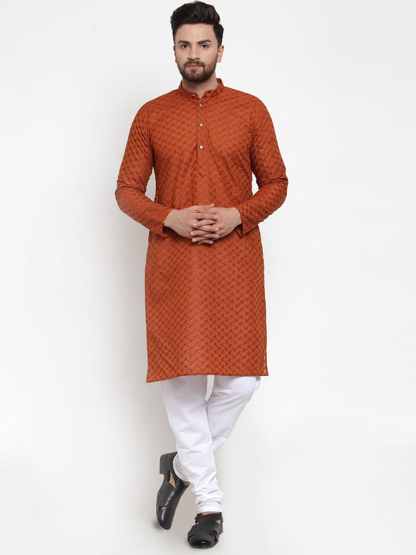 Men's Brown Chikan Kurta With Churidar ( Jokp 561 Brown ) - Virat Fashions