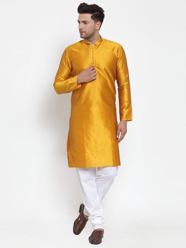 Men's Yellow Jacquard Kurta Payjama Sets  ( JOKP 589 Yellow ) - Virat Fashions