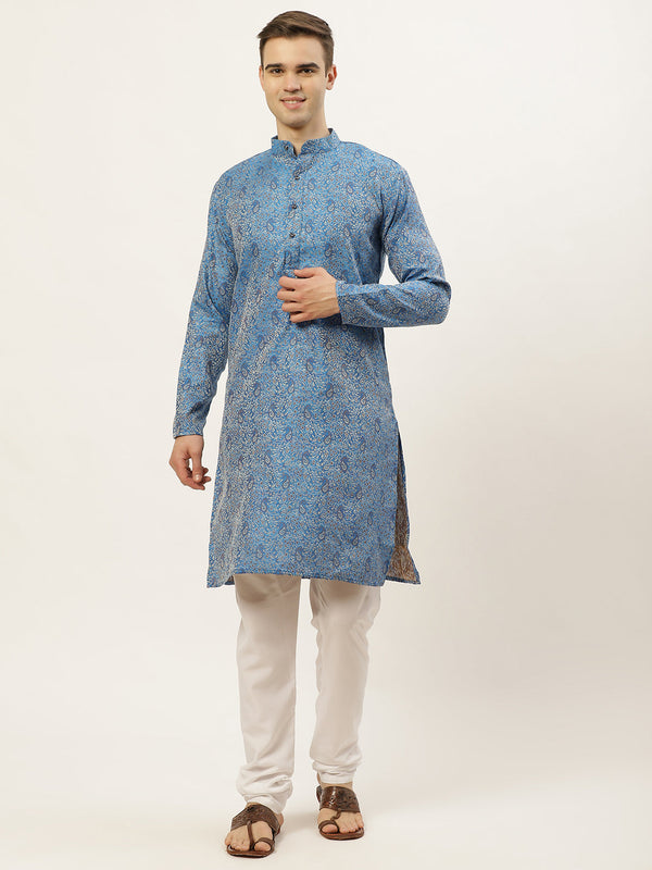 Men's Blue Printed Jacquard Kurta Payjama Sets ( JOKP 595 Blue ) - Virat Fashions