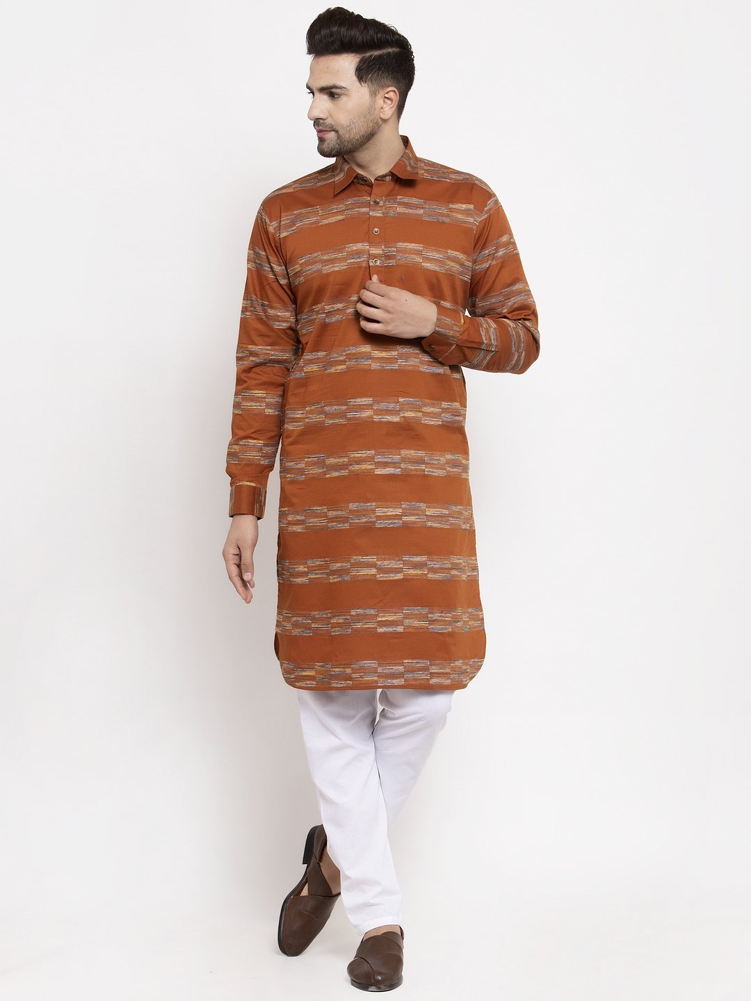 Men Brown Woven Kurta with Pyjamas by Virat Fashions (2pcs Set)