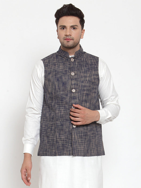 Men's Blue Woven Design Nehru Jacket ( JOWC 4011 Blue ) - Virat Fashions