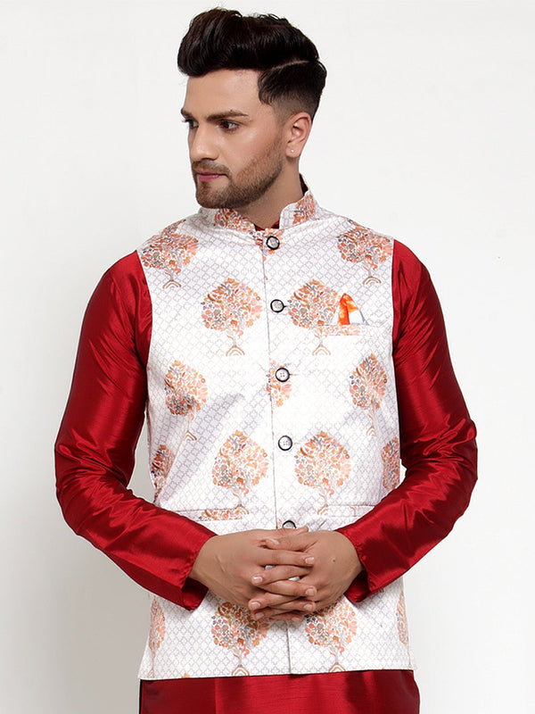 Jashvi Men's White Printed Nehru Jacket