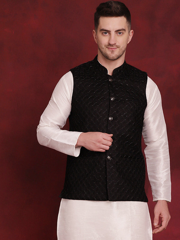 Men's Black Woven Design Nehru Jacket - Taantav