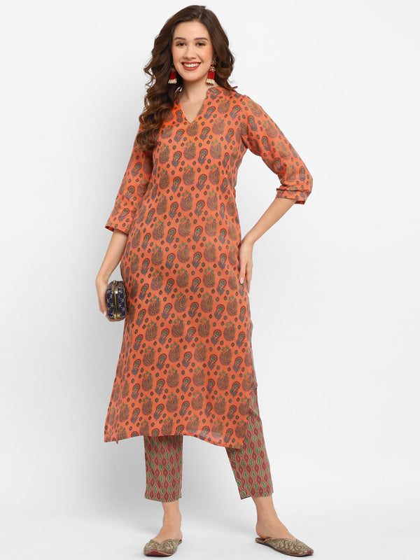 Women's Orange Printed Kurta Pant Set - Noz2Toz