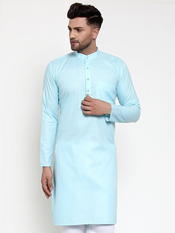 Men's Sky-Blue & White Solid Kurta Only ( KO 611 Sky ) - Virat Fashions