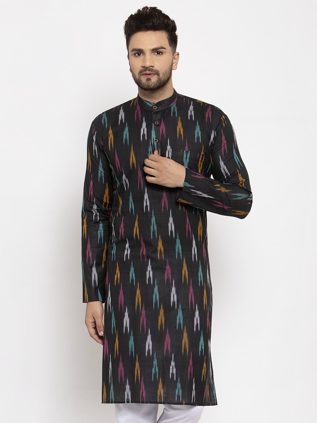 Men's Woven Design Ikkat Straight Kurta by Virat Fashions- (1pc set)