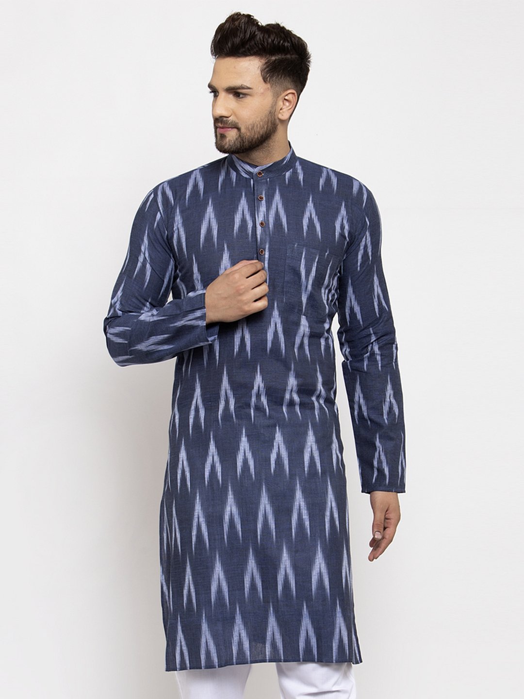 Men's Woven Design Ikkat Straight Kurta by Virat Fashions- (1pc set)