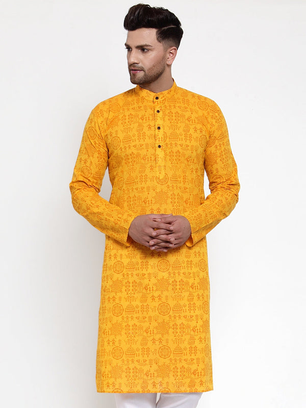 Men's Mustard Printed Straight Kurta Only ( KO 628 Mustard ) - Virat Fashions