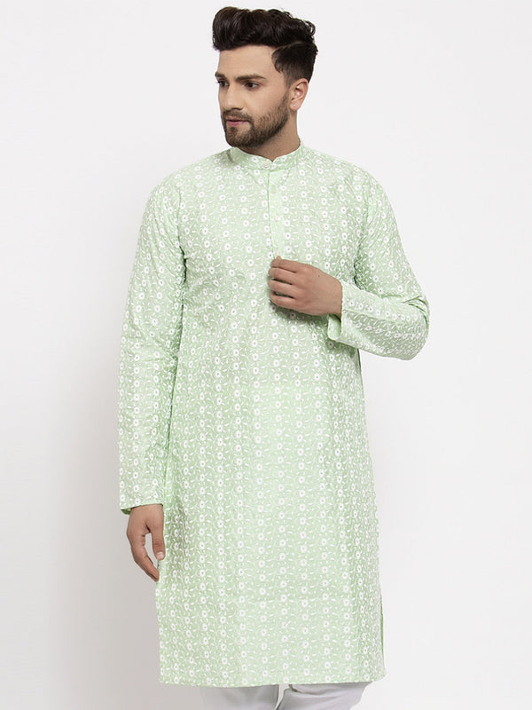 Men's Mint Green Embroidered Kurta Only ( KO 633 Green ) - Virat Fashions