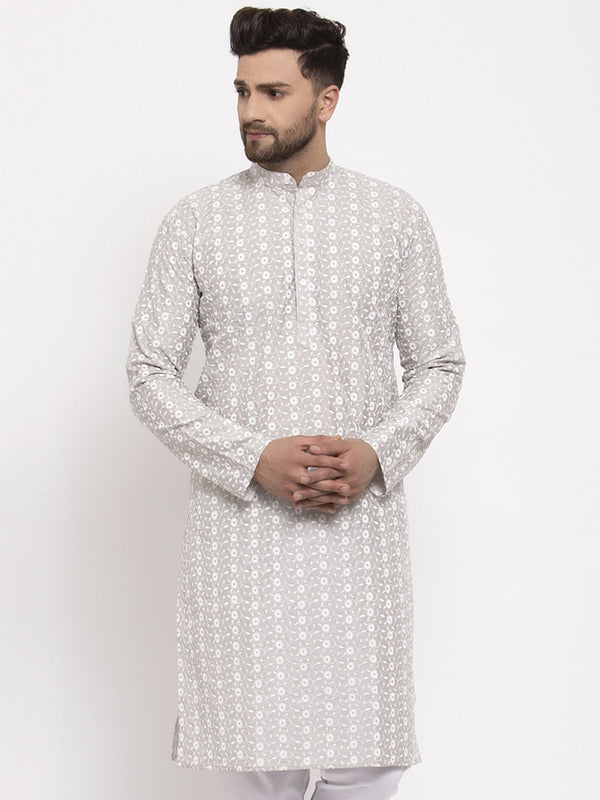 Men's Light Grey Embroidered Kurta Only ( KO 633 Grey ) - Virat Fashions