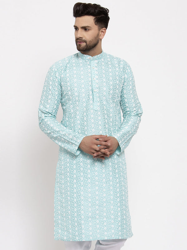 Men's Turquoise Blue Embroidered Kurta Only ( KO 633 Sky ) - Virat Fashions