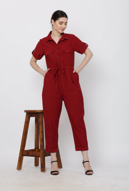 Women's Maroon Solid Poly Laycra Collar Jumpsuit With Belt - Vaaba