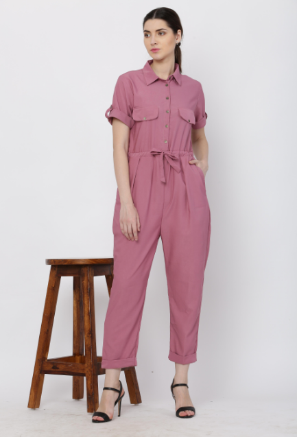 Women's Pink Solid Poly Laycra Collar Jumpsuit With Belt - Vaaba