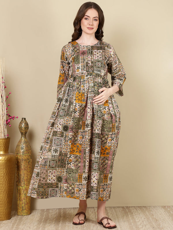 Women's Multi Printed Flared Maternity Dress - Taantav