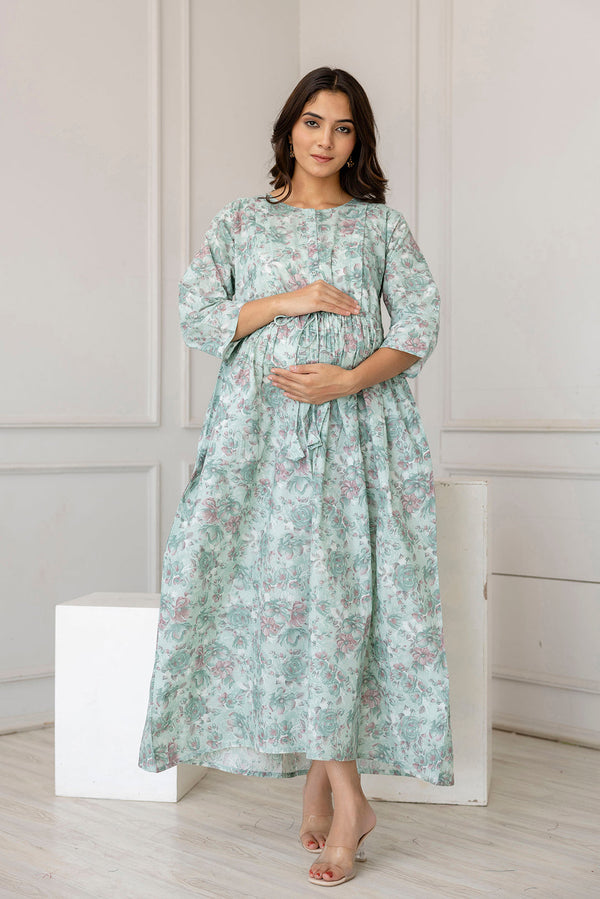 Women's Green Printed Flared Maternity Dress - Taantav