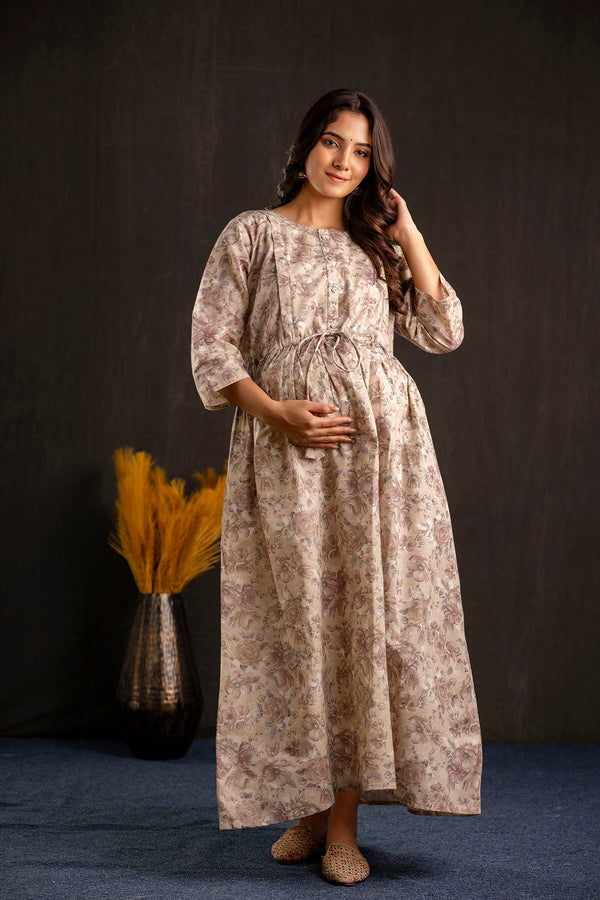 Women's Beige Printed Flared Maternity Dress - Taantav