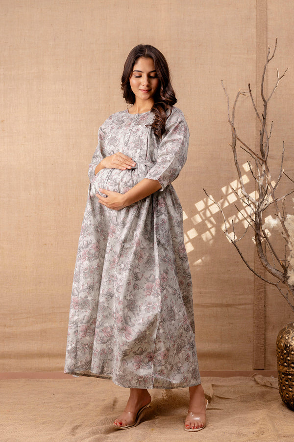 Women's Grey Printed Flared Maternity Dress - Taantav