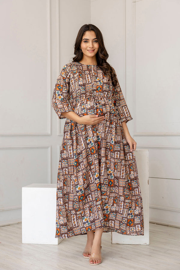 Women's Multi Printed Flared Maternity Dress - Taantav