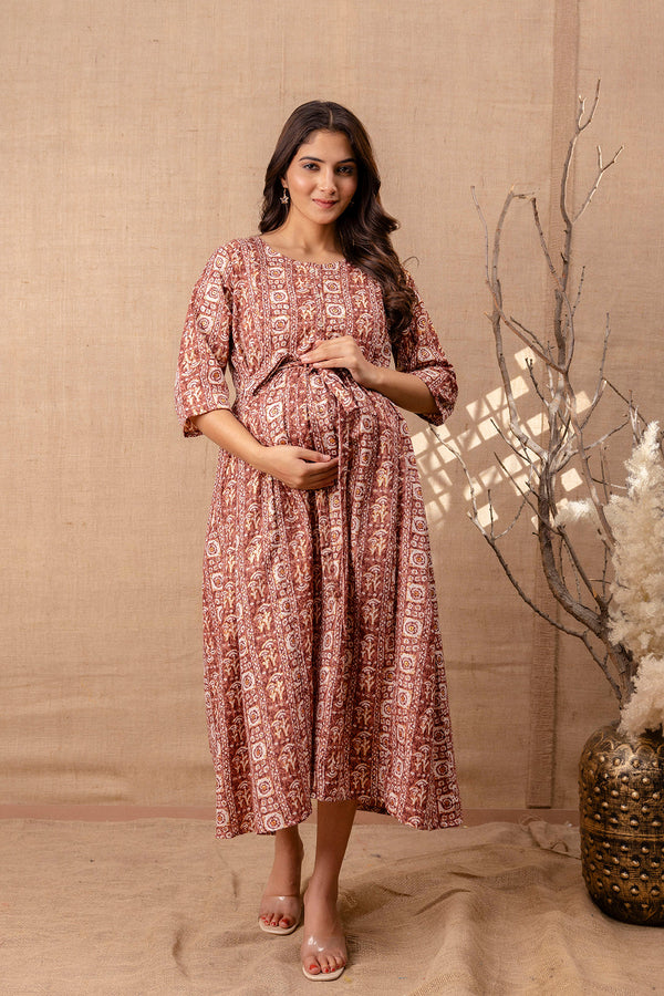 Women's Brown Printed Flared Maternity Dress - Taantav