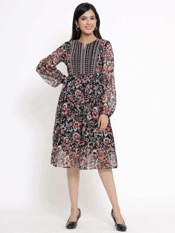 Women's Black Chiffon Printed Flared Dress - Juniper