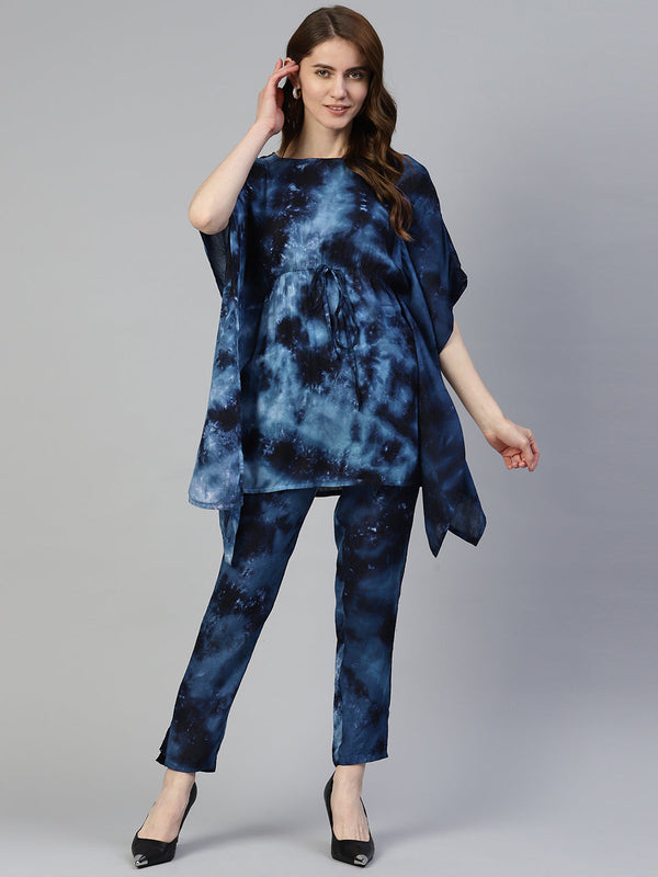 Women's Navy Blue Tie Dye Printed Rayon Kaftan Tunic With Trousers - Taantav