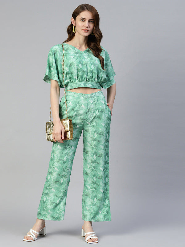 Women's Green Printed Crop Top With Palazzos - Taantav