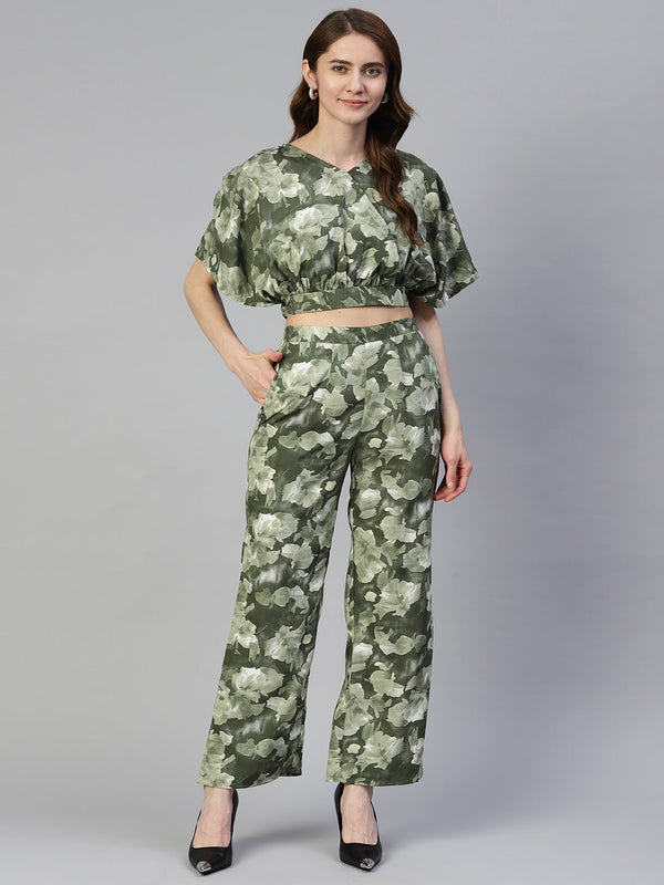 Women's Olive Green Printed Crop Top With Palazzos - Taantav