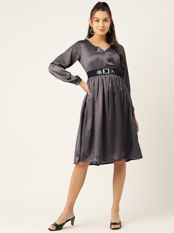 Women Puff Sleeves Satin Wrap Dress with Belt