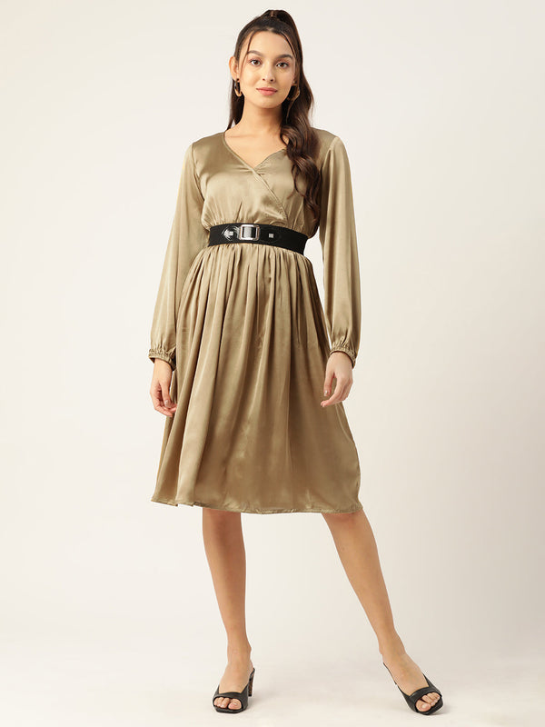 Women Puff Sleeves Satin Wrap Dress with Belt