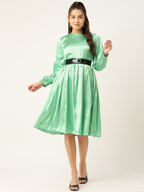 Women Green-Coloured Satin Dress with Belt