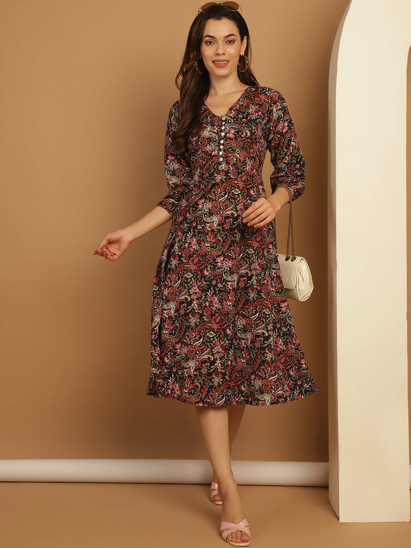 Women's Floral Print Puff Sleeves Crepe Dress - Taantav