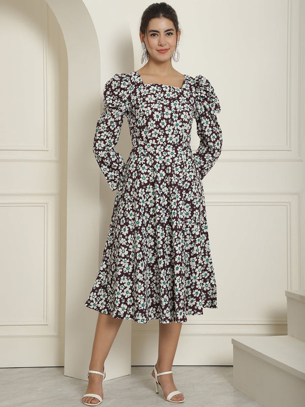 Women's Floral Print Square Neck Puff Sleeved Flaired Dress