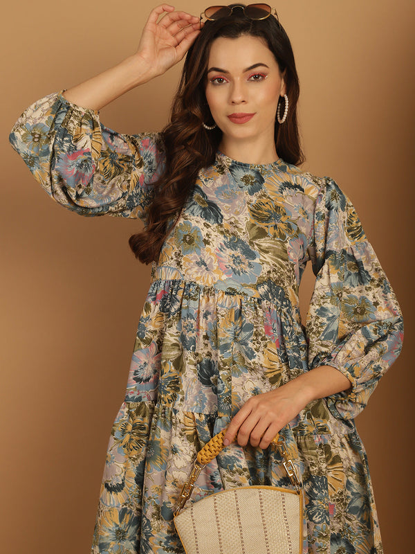 Floral Printed Puff Sleeve A-Line Dress