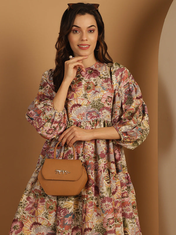 Women's Floral Printed Puff Sleeve A-Line Dress - Taantav