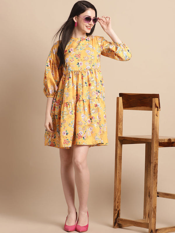 women Yellow Printed A-Line Dress