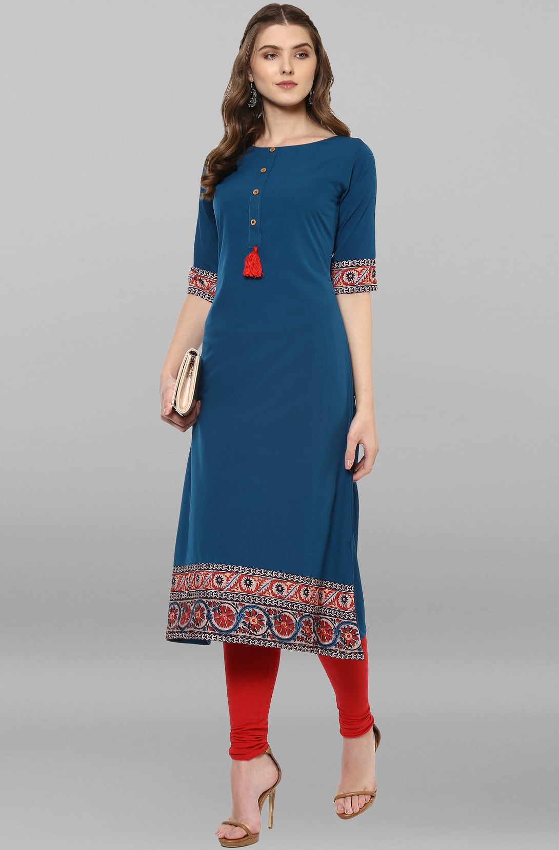 Women's Turquoise Poly Crepe Floral Print A-Line Kurta - Janasya