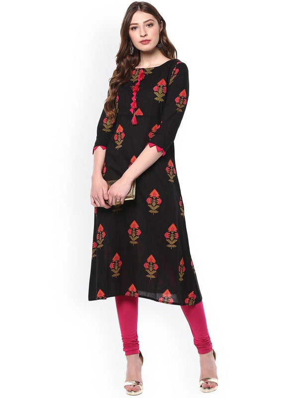 Women's Black Cotton Kurta-Janasya