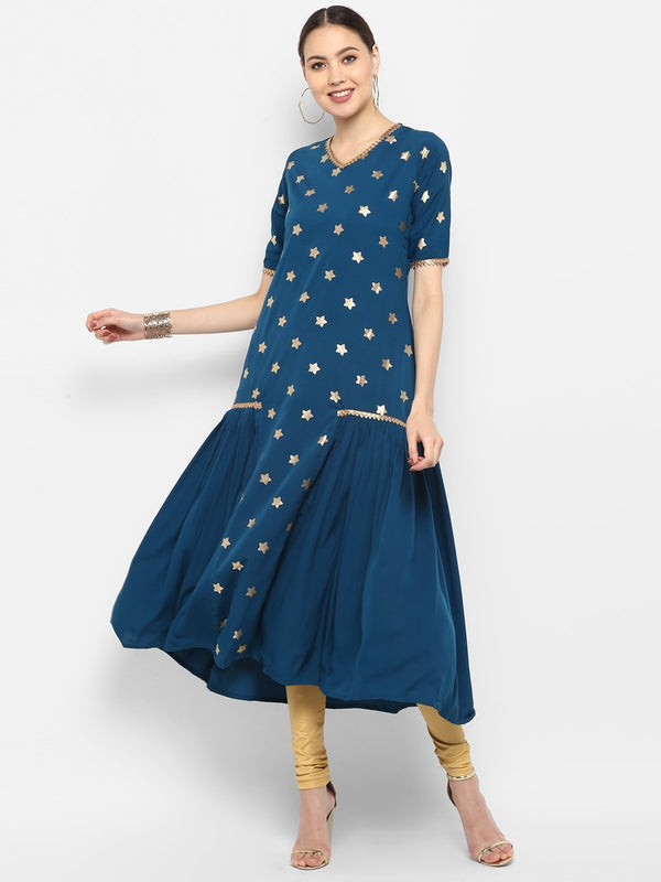 Women's Turquoise Blue Poly Crepe Kurta - Janasya