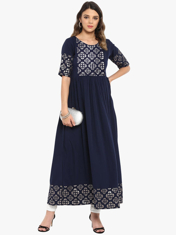 Women's Dark Blue Poly Crepe Kurta-Janasya USA