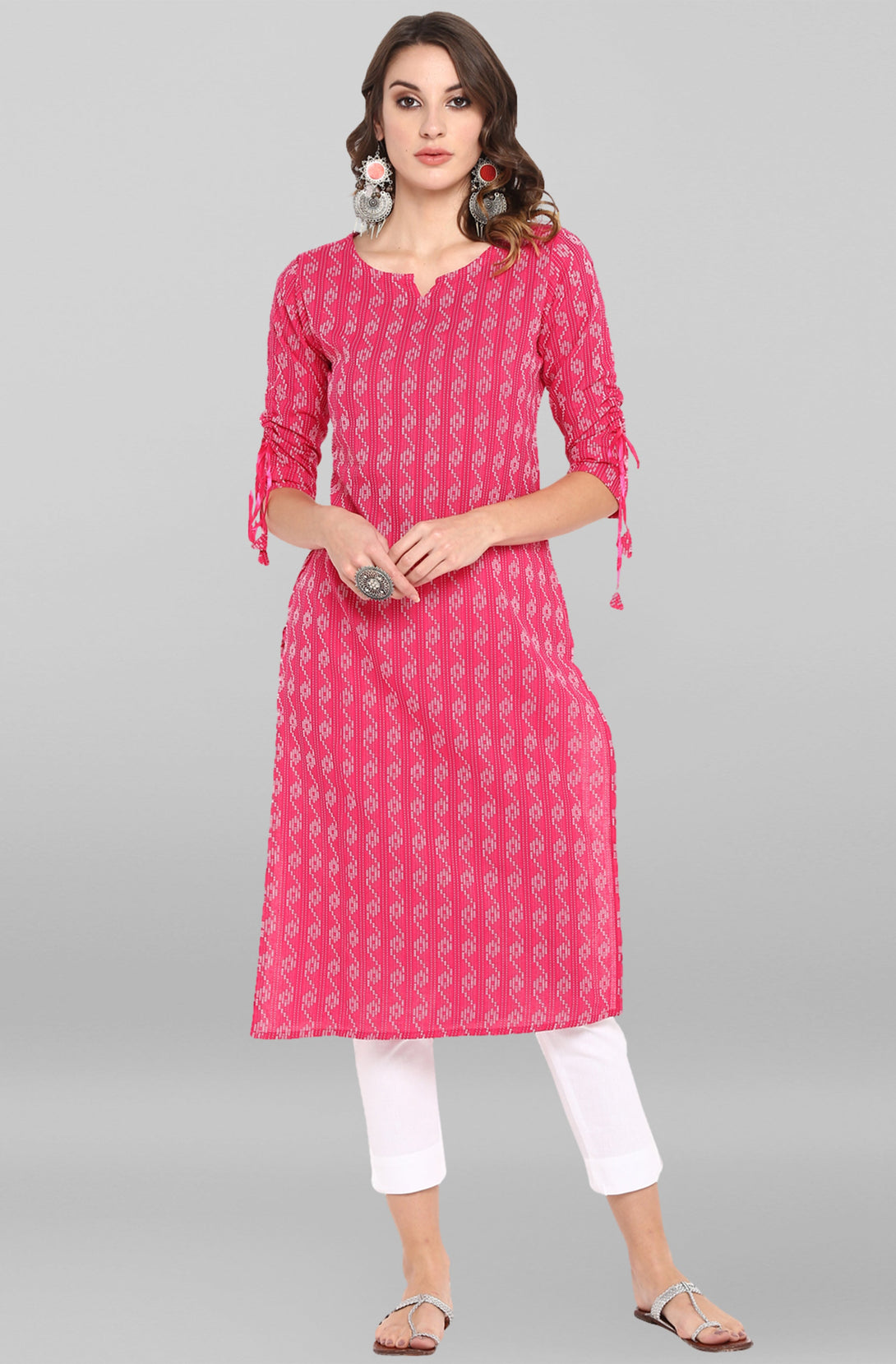 Women's Pink Cotton Woven Design Straight Kurta - Janasya