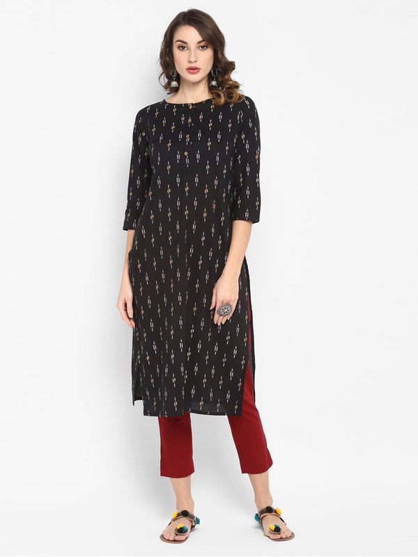 Women's Black Cotton Ikat Straight Kurta - Manohara