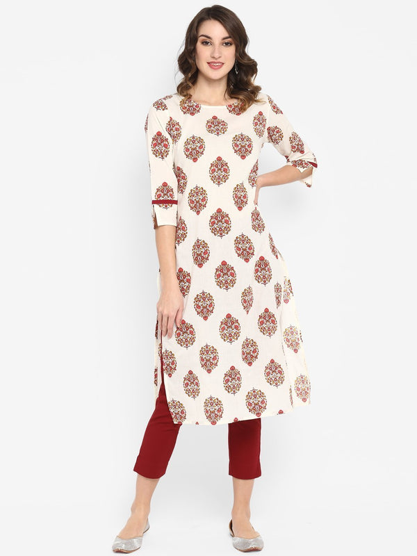 Women's White Cotton Floral Print Straight Kurta - Janasya